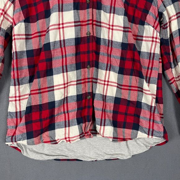 Eddie Bauer Shirt Jacket Women's XL Red Ivory Plaid Hi-Low Button Front Hooded - Picture 4 of 16